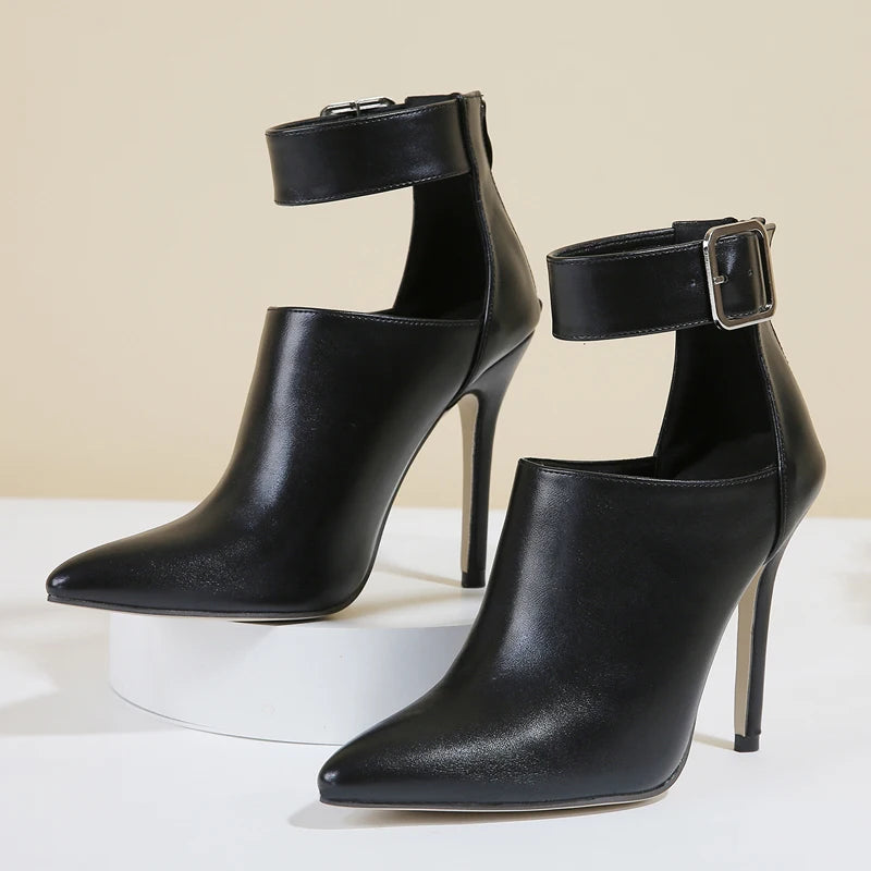 Black Buckle High Heel Ankle Boots