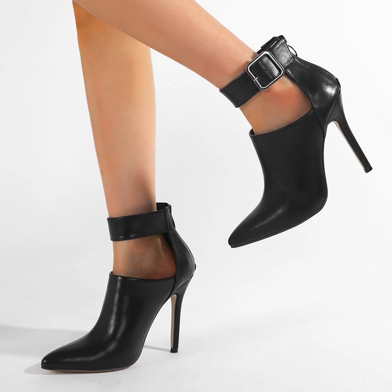 Black Buckle High Heel Ankle Boots