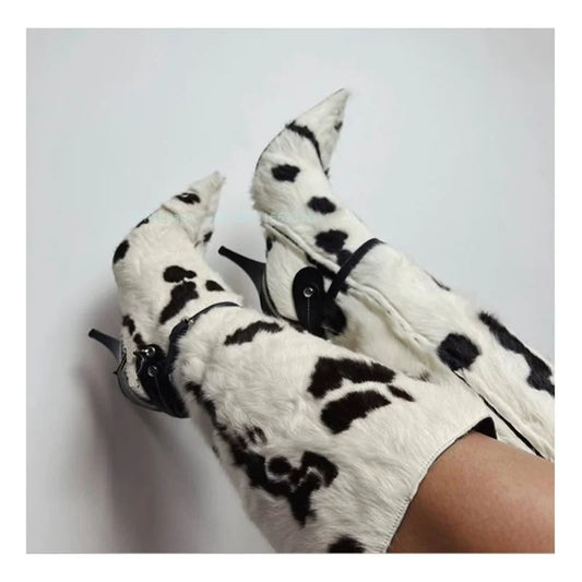 Cow Print Mid Calf High Heel Boots