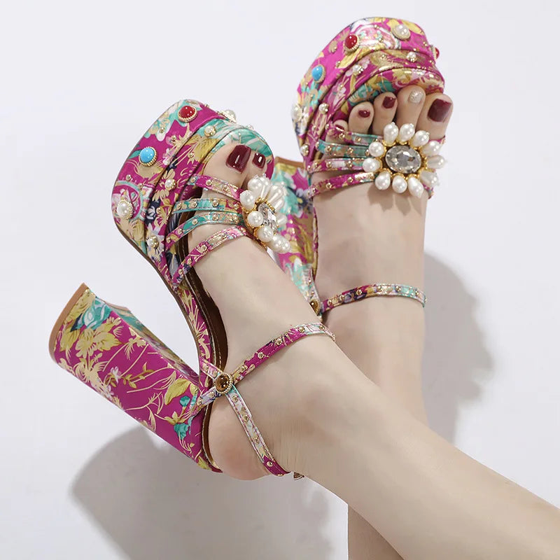 Floral Printed Pearl Flower Platform High Heel Sandals