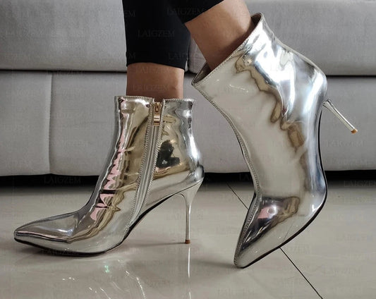 Chrome Stiletto Zipper Ankle Boots