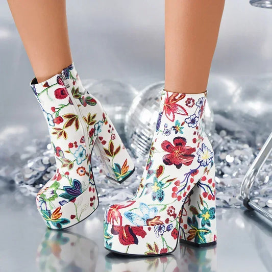 Floral Platform Zipper High Heel Boots