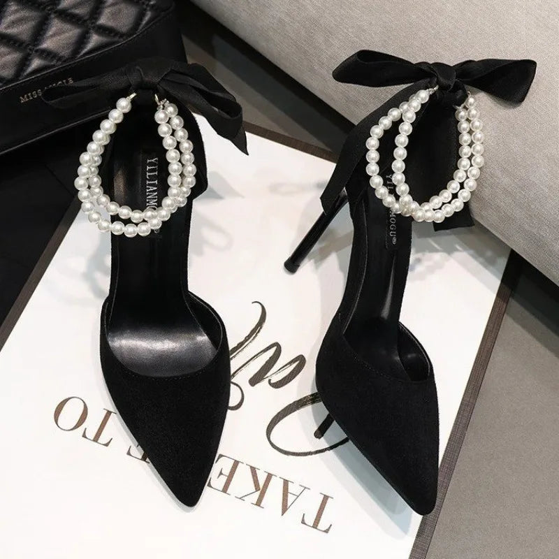 Black Bow With Pearls Wedding Pumps