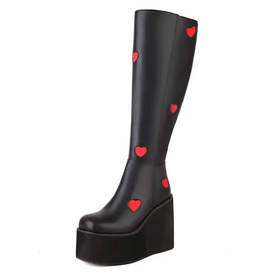 Love Heart Skin Tight Platform Knee High Boots