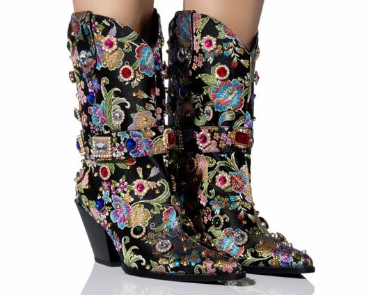 Gemstone-Embellished Cowboy High Heel Boots