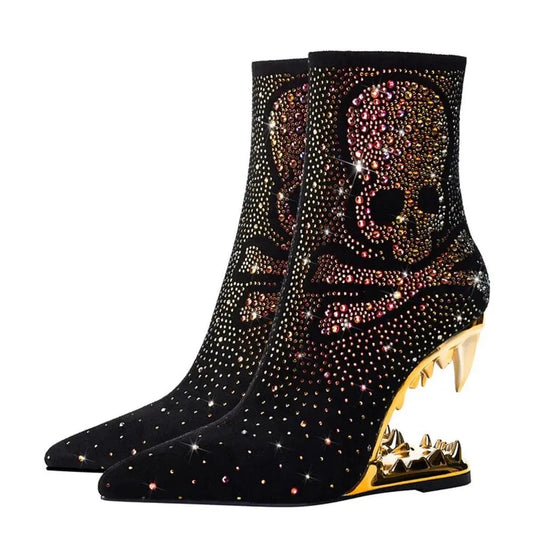 Crystal Skull Ankle Length Teeth Heel Boots