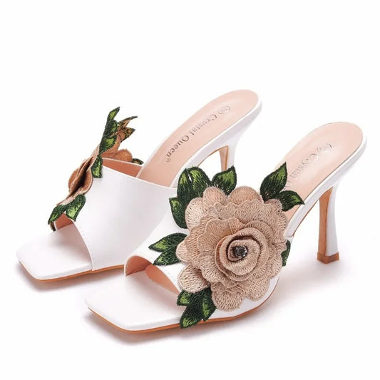 Square Lace Flower Detail High Heel Mules