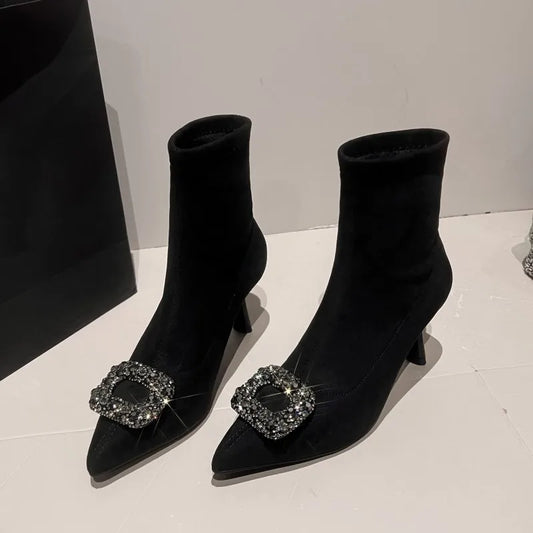 Crystal Buckle Kitten Heel Ankle Sock Boots