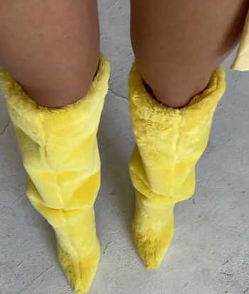 Yellow Fur Knee High Boots