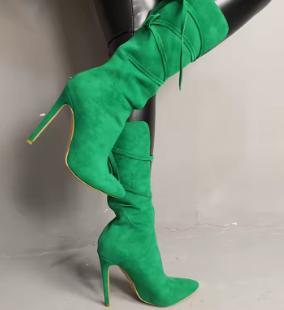 Green Slit Strappy Zipper High Heel Boots