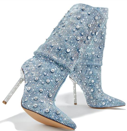 Bedazzled Rhinestone Embellished Stiletto High Heel Boots