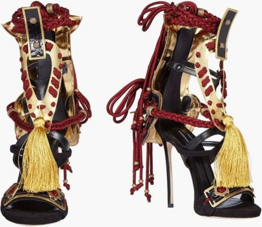 Samurai Trimmed Lace Up Stiletto Sandals