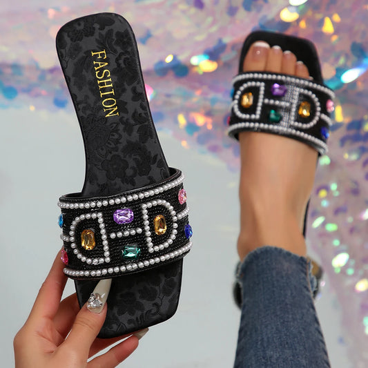 Jewel Strap Square Slip On Sandals