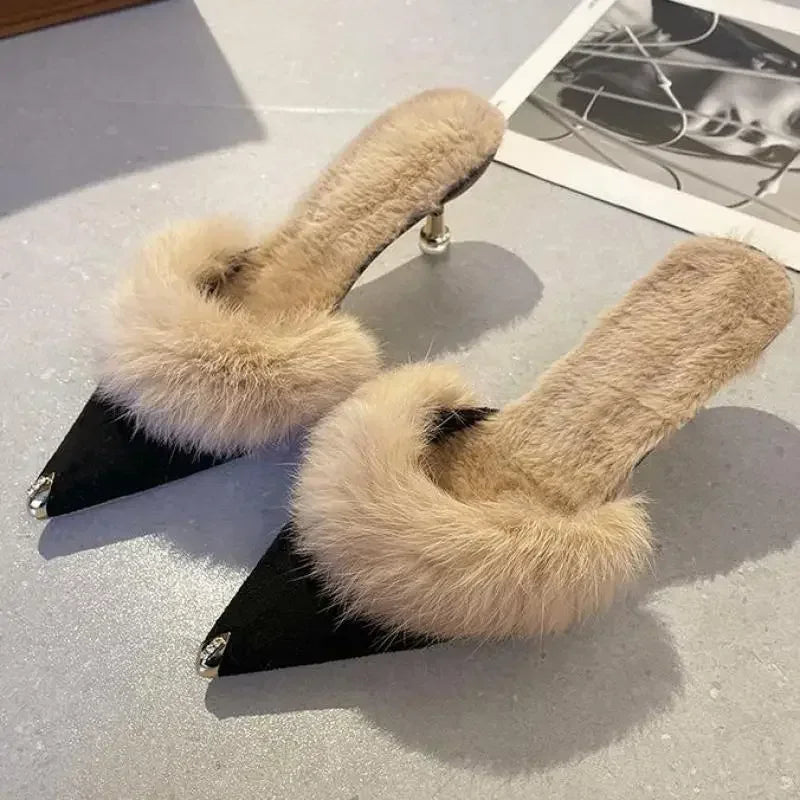 Fur Slip On Kitten Heel Pumps