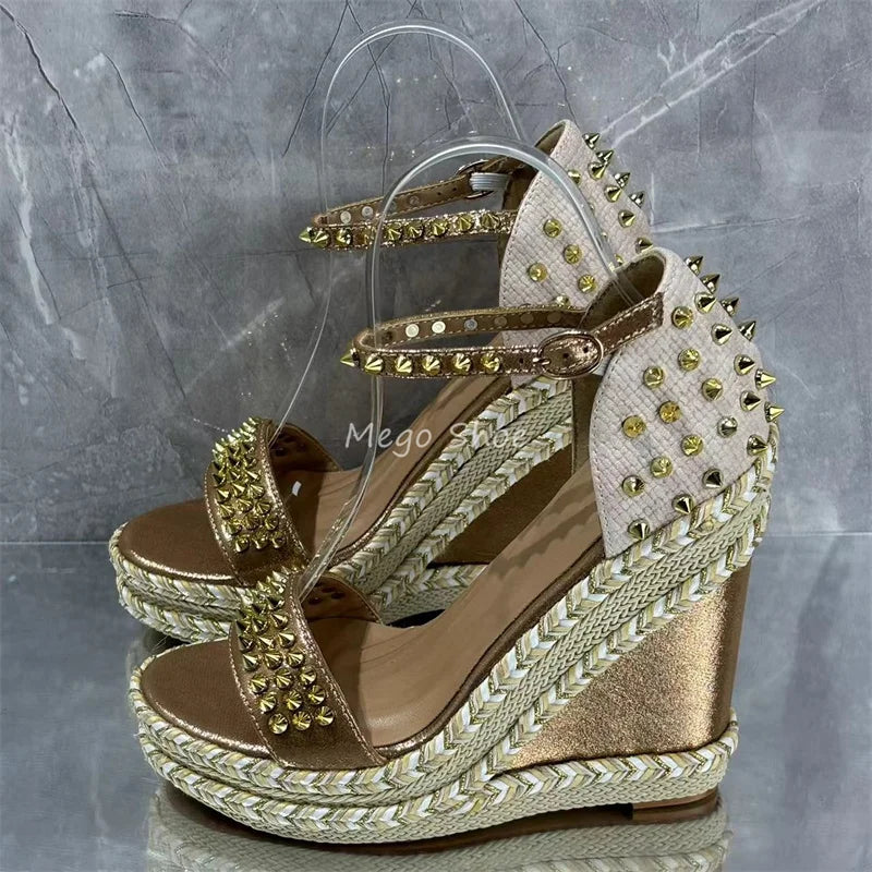 Tweed Rivet Wedge High Heel Sandals