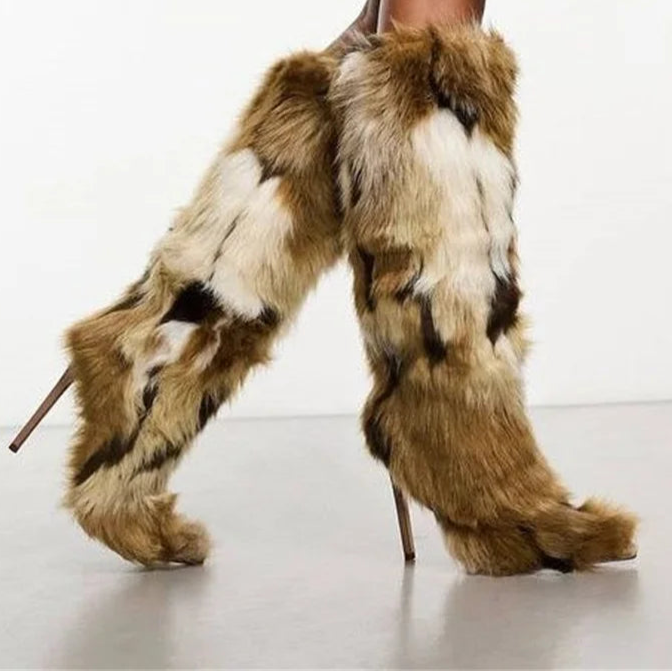 Multi Fur Knee High Stiletto Boots