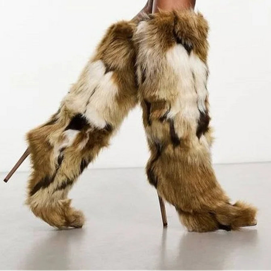 Multi Fur Knee High Stiletto Boots