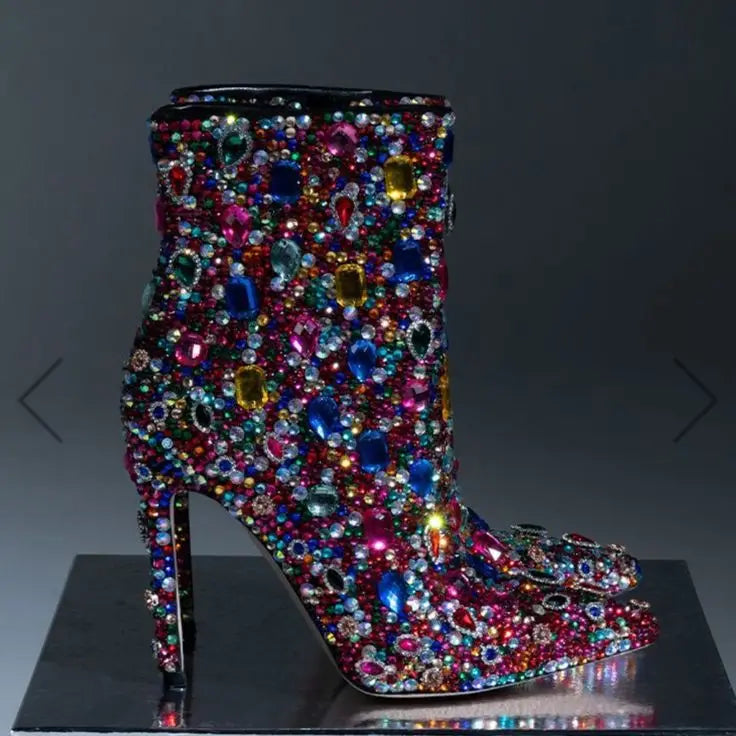 Multi-Color Rhinestone Covered High Heel Ankle Boots