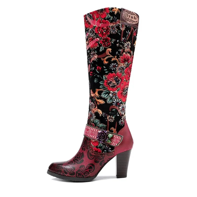 Vintage Floral Patchwork Western High Heel Boots