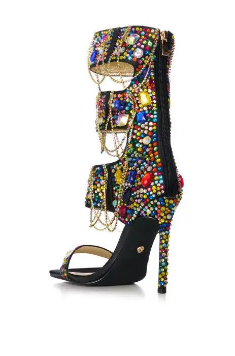 Multi-Cuff Embellished Gold Chain Stiletto Sandals