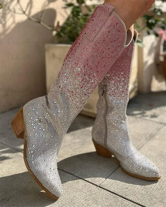 Ombre Rhinestone Cowgirl Block Heel Boots