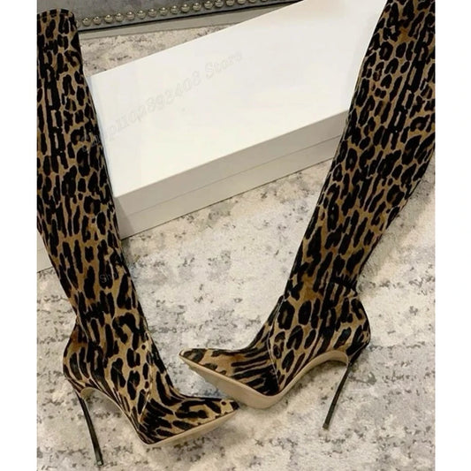Leopard Print Knee High Stiletto Boots