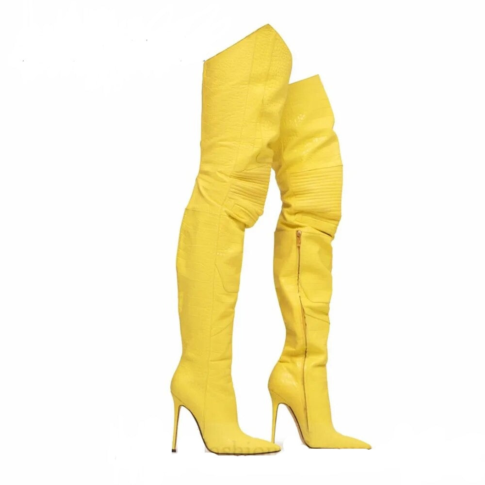 Yellow Snakeskin Print Leather Over The Knee Boots