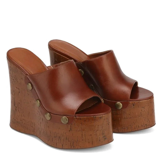 Tulip Tan Platform Wedge Heel Slip On Sandals
