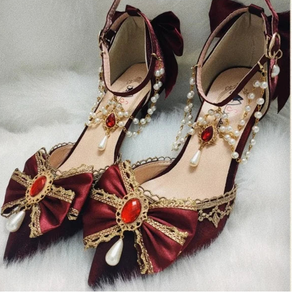 Royal Japanese Bowknot Pearl High Heel Pumps