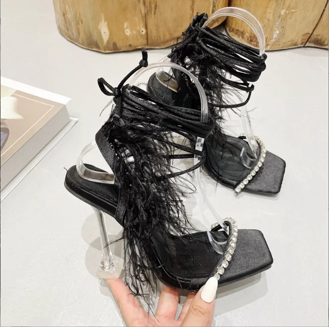 Rhinestone Lace-up Feather Sandals