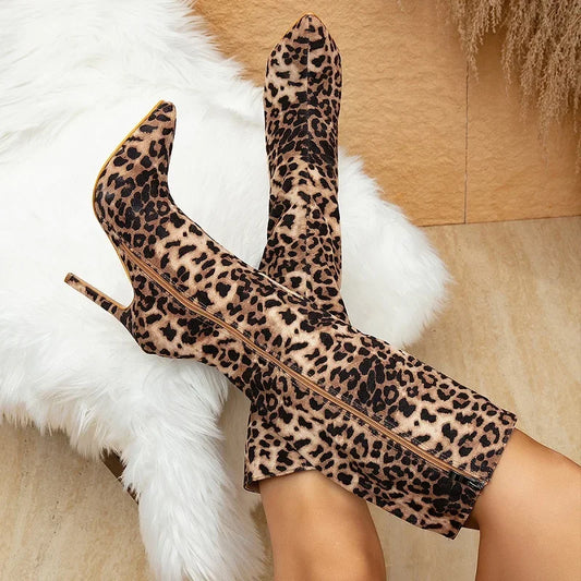 Leopard Print Knee High Zipper High Heel Boots