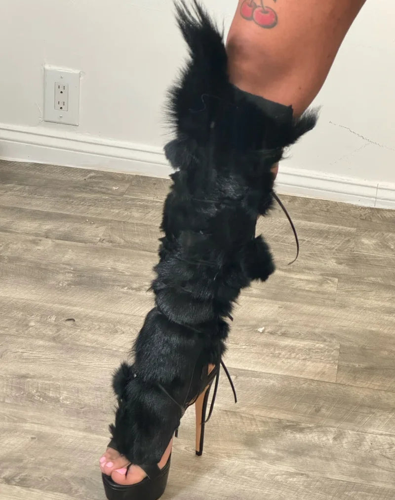 Trimmed Fur Lace-Up Gladiator Stiletto Sandals