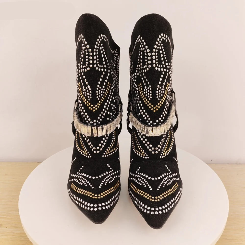 Rhinestone Black Stiletto Ankle Boots Inspired By Isabel Marant