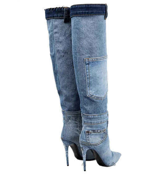 Jean Pocket Design Knee Length High Heel Boots