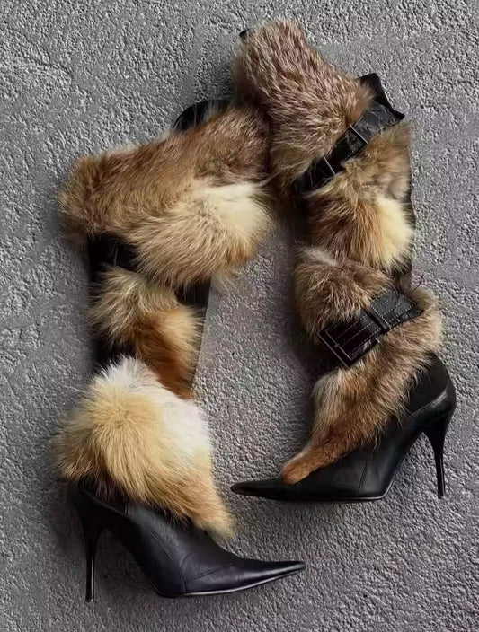 Y2K Fur High Heel Stiletto Boots Inspired By Guess