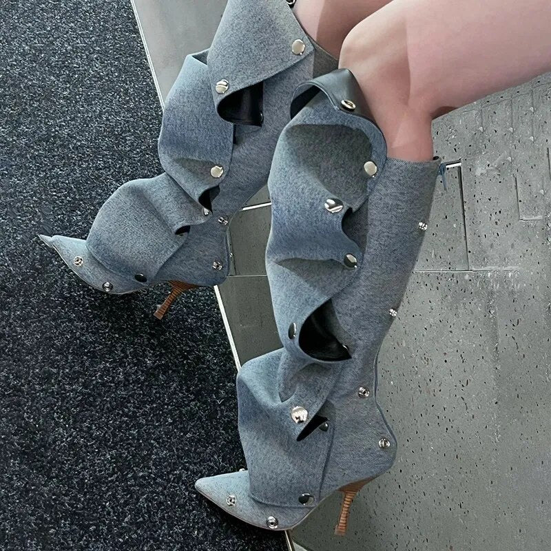 Metal Button Spliced Denim Knee-High Boots