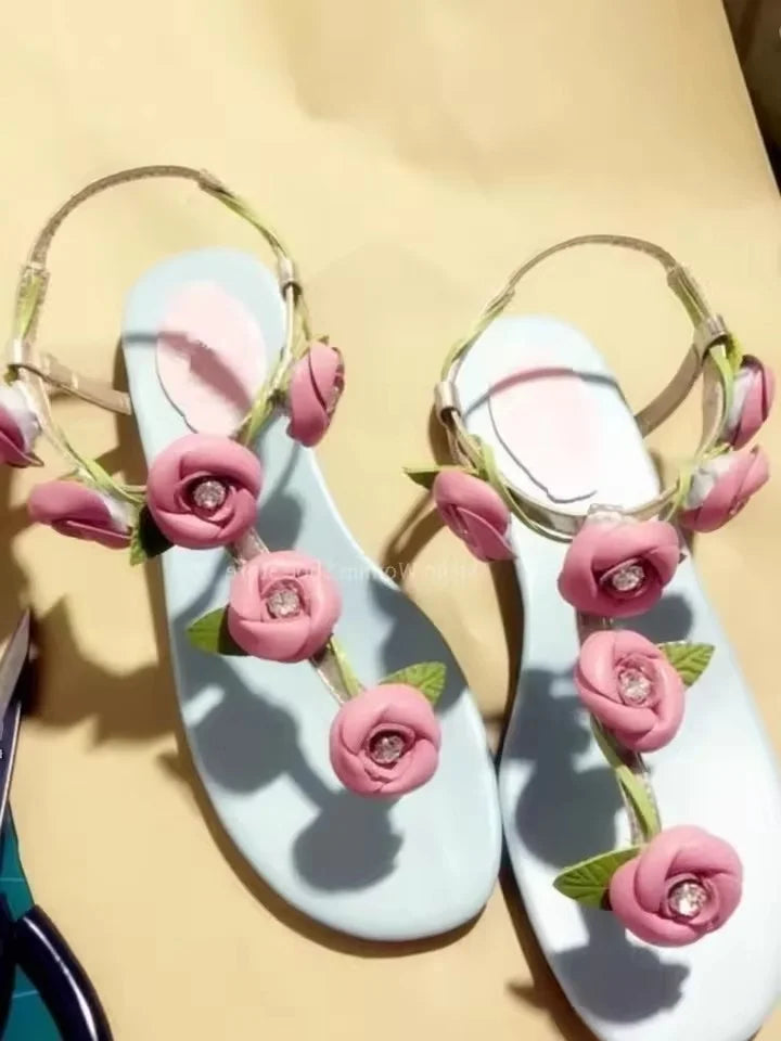 Pink Floral Strap Flat Sandals