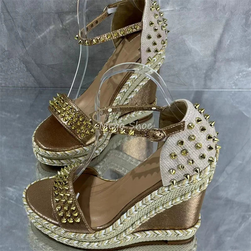 Tweed Rivet Wedge High Heel Sandals