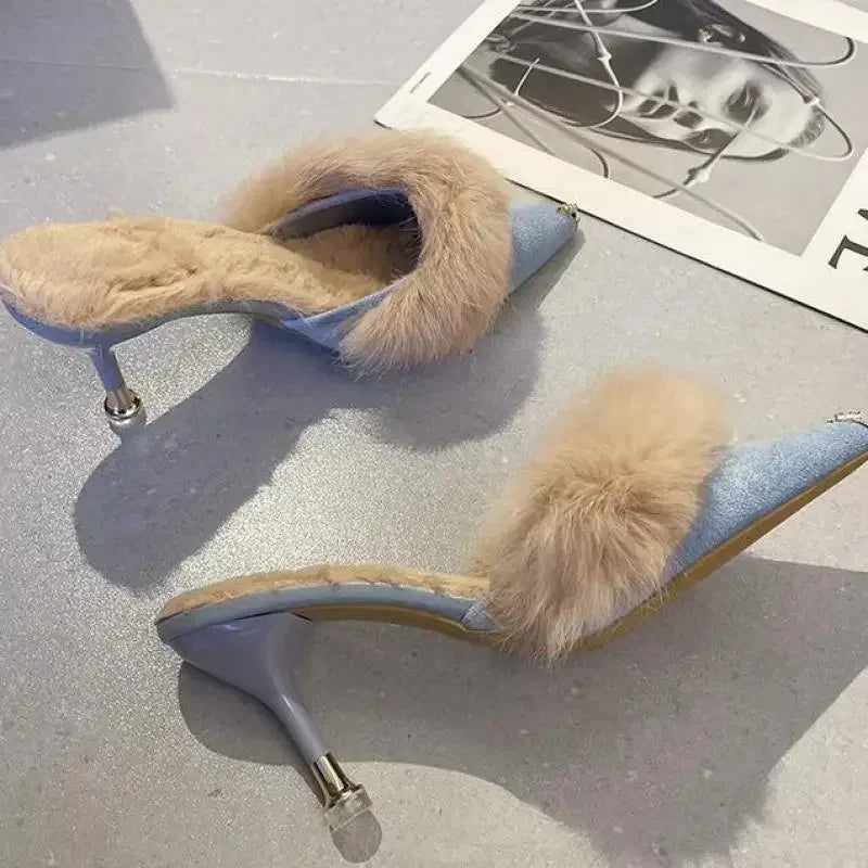 Fur Slip On Kitten Heel Pumps