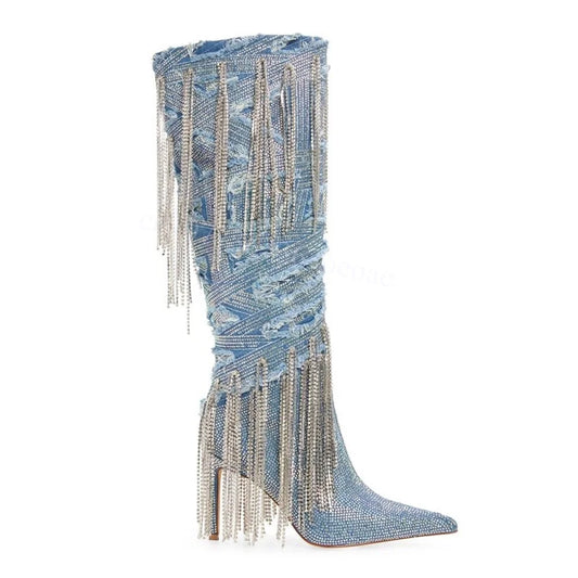 Crystal Tassel Patchwork High Heel Boots