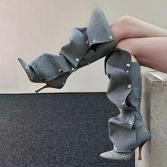 Metal Button Jean Knee-Length High Heel Boots
