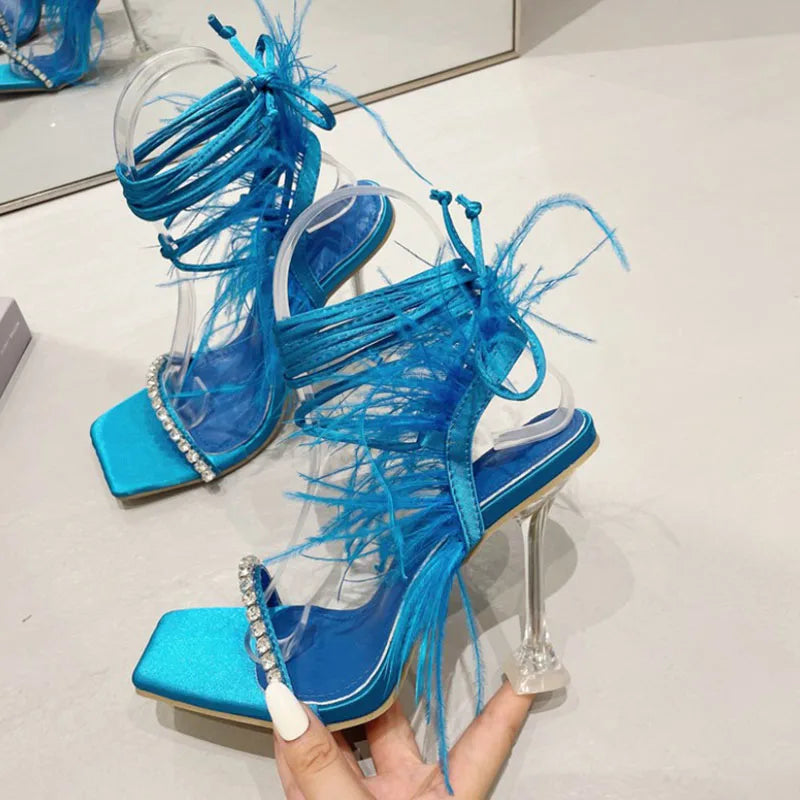 Rhinestone Feather Lace-up Stiletto Heel Sandal