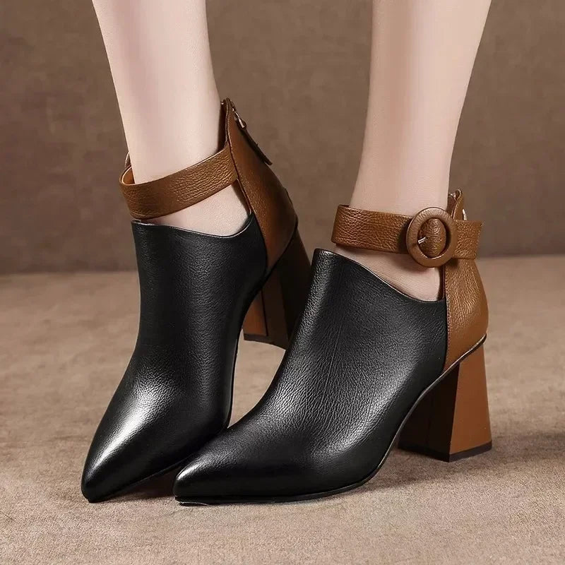 Black & Brown Cut Out Circle Buckle High Heel Ankle Boots