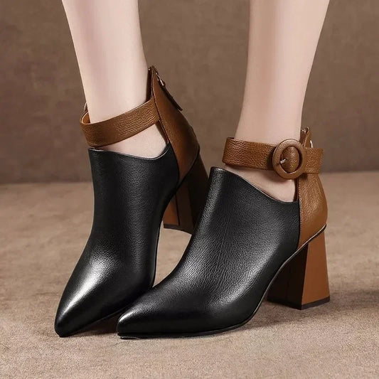 Black & Brown Cut Out Circle Buckle High Heel Ankle Boots