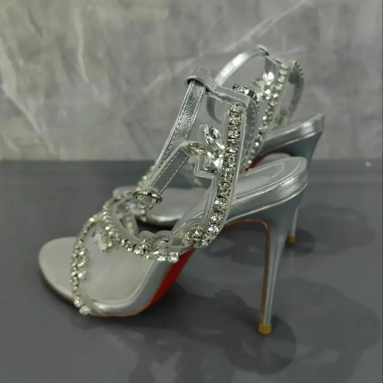 Crystal Silver Ankle Strap Stiletto Sandals Inspired By Christian Louboutin
