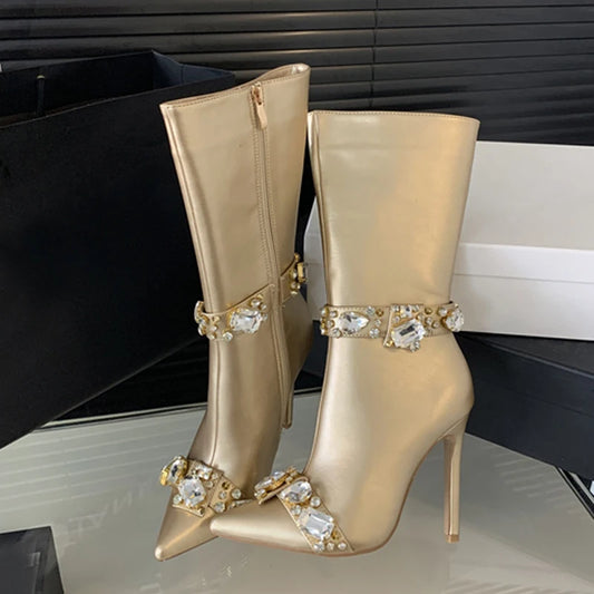 Diamond Pendant Zipper Stiletto High Heel Boots