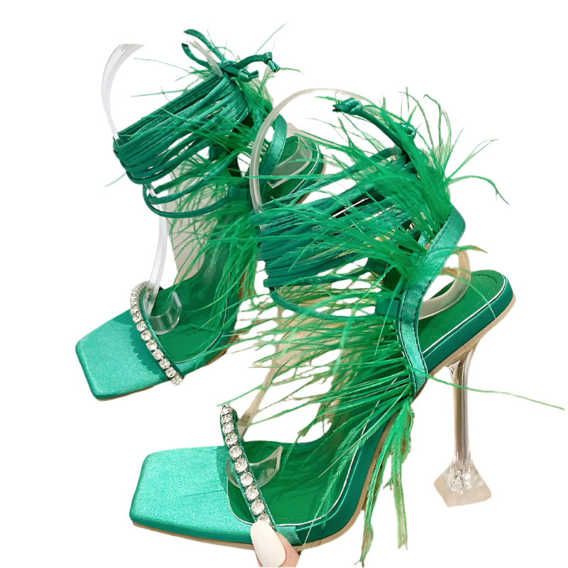 Rhinestone Feather Lace-up Stiletto Heel Sandal
