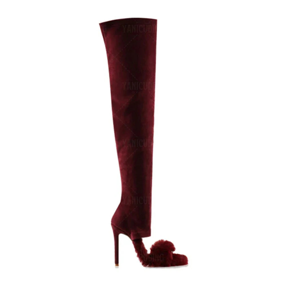 Suede x Fur Over The Knee Stiletto Boots