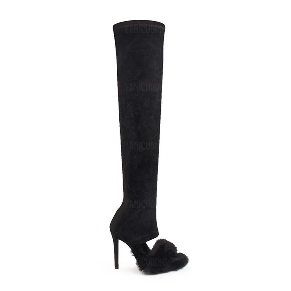 Suede x Fur Over The Knee Stiletto Boots