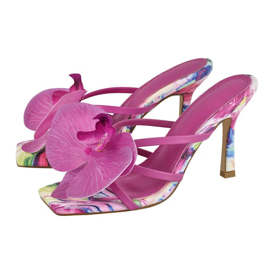 Flower Water Colour Printed High Heel Mules